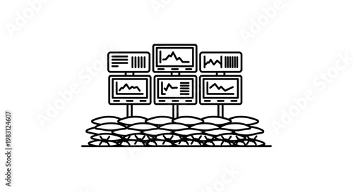 Security monitoring screens on sandbags, digital data analysis, cybersecurity concept