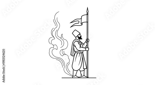 Sikh Warrior Holding Flag with Smoke and Flames - Historical Line Art