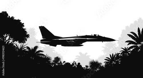 Silhouette Fighter Jet Flying Over Tropical Jungle Landscape