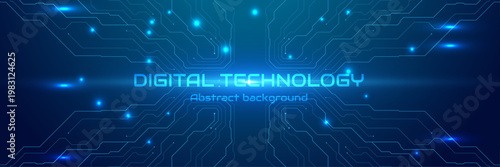 Blue circuit board design with electronic chip components and data lines creating futuristic tech pattern on dark digital background. Digital technology vector background
