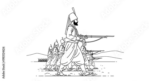 Sikh Soldiers Marching with Rifles, Historical Illustration