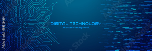 Abstract semiconductor pattern with glowing electronic pathways and microchip elements on dark blue technological surface, ideal for banners. Digital technology vector background

