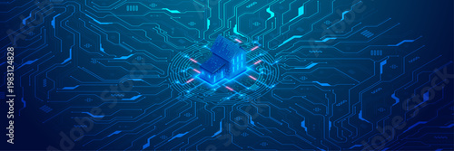 Brightly glowing AI chip on light circuit board on technology blue background. CPU processor or semiconductor on tech bg. Computer microchip on motherboard. Abstract digital vector illustration
