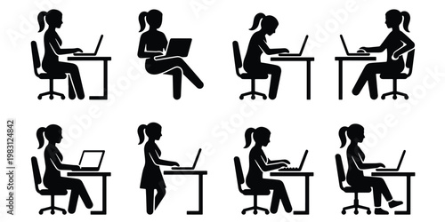 Ergonomic office posture silhouettes, 8 woman laptop user icons, female worker sitting and standing at desk, workplace health and body position vector set