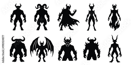 Demonic monster silhouettes set, 10 dark fantasy creature icons, evil devil and horned beast vector collection for gaming and horror design