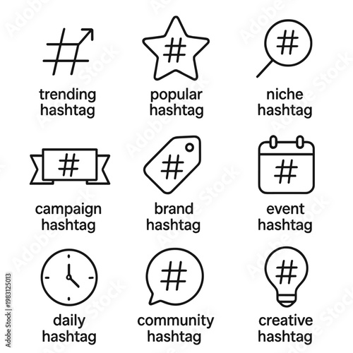 Variety of hashtags icons: trending, popular, niche, campaign, event, brand, creative