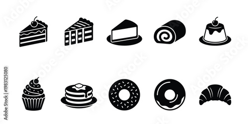 Minimalist bakery dessert icons set, black silhouette cake and pastry vector collection, 10 sweet food elements for cafe menu design