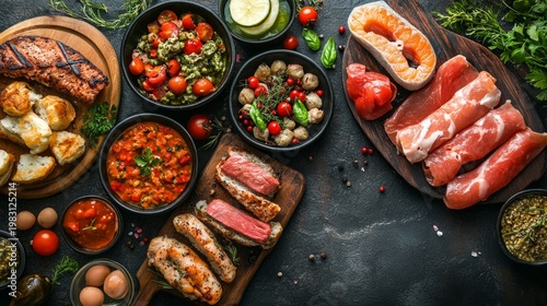 An appetising selection of European dishes featuring fish, meat, vegetables, sauces and fresh herbs, set against a dark background, serves as the main backdrop for articles on varied nutrition.