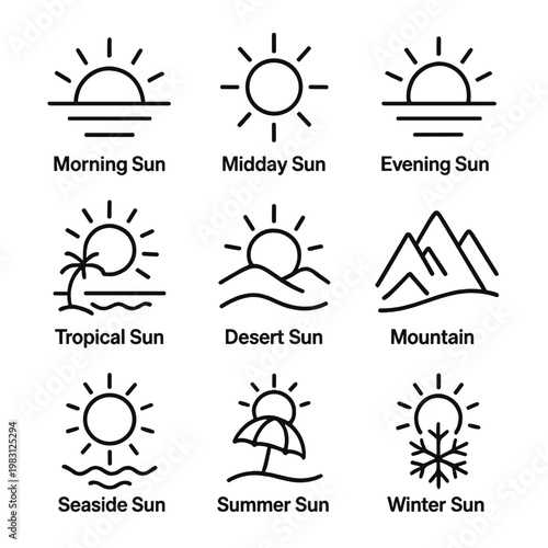 Minimalist sun and nature icons set representing different times and seasons