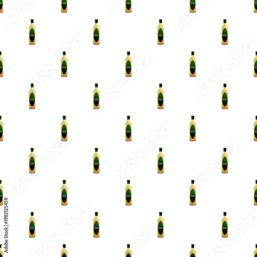 Olive oil bottles with green labels repeating in a seamless pattern on a white background
