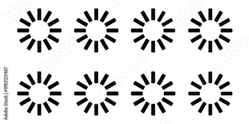 Minimalist loading icons set, black circular progress bar symbols, 8 vector buffering indicators for web interface and app design