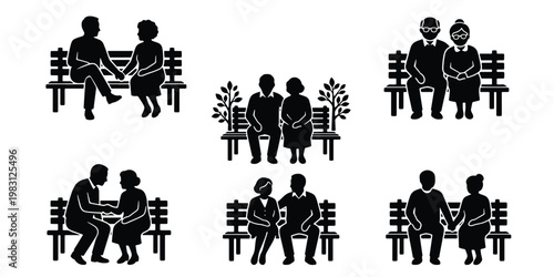 Elderly couple silhouettes sitting on park bench, senior people resting outdoors collection, 6 vector icons of retired man and woman