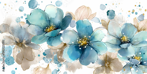 Arrière-plan floral abstrait à l'aquarelle bleue et dorée pour design d'invitation élégant