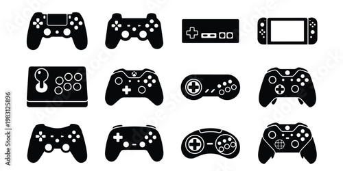 Video game controller icons set, black gaming gamepad silhouettes, collection of 12 vector joystick and console hardware symbols for gamers