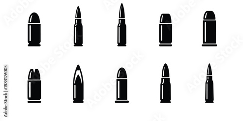 Ammunition bullet icons set, black silhouette weapon cartridges for handguns and rifles, 10 vector elements for military and hunting graphics