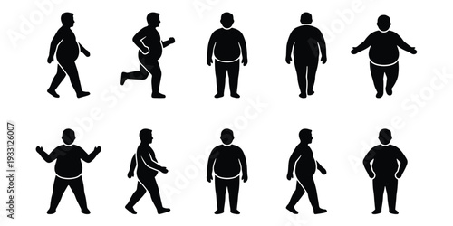 Overweight man silhouette set, 10 obese male figures in various poses, fat person walking and running vector icons, body positive and health concept