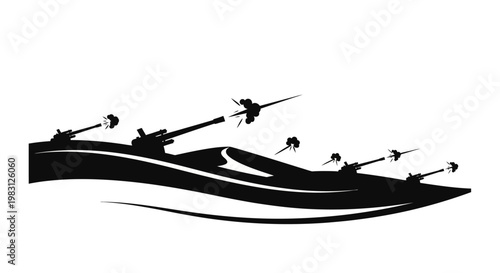 Silhouette of a futuristic warship with cannons and missiles firing, concept art
