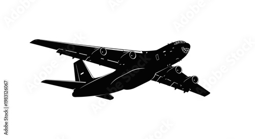 Silhouette of a large cargo airplane taking off, black and white illustration