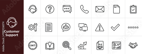Customer Support and Help Desk Line Icon Set - Minimalist Business Service and Technical Support Vector Illustrations
