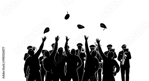 Silhouette of a marching band throwing hats in the air against a white background