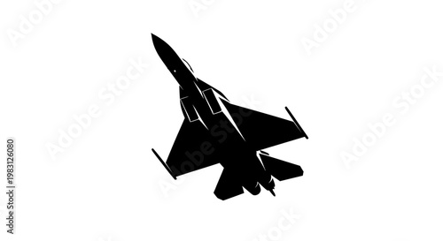 Silhouette of a modern fighter jet in flight against a white background