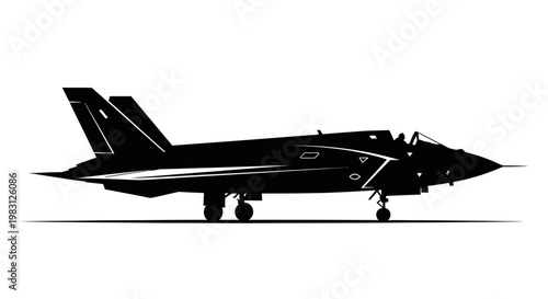 Silhouette of a modern fighter jet aircraft in profile view, black and white
