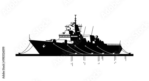Silhouette of a Modern Warship Docked at Port with Mooring Lines