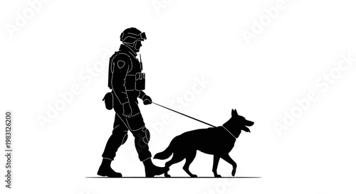 Silhouette of Soldier with Military Working Dog on Leash, Tactical Gear, K9 Unit, Security Patrol