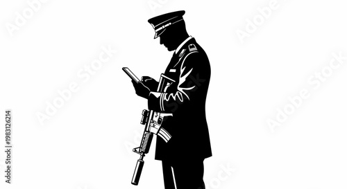 Silhouette of Soldier with Rifle Using Tablet