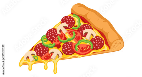 A mouthwatering slice of pizza features a thick golden crust, gooey melted cheese dripping from the tip, and a generous topping of savory pepperoni, fresh mushrooms, crisp green peppers, and tomatoes