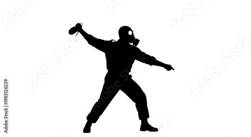 Silhouette of person in gas mask throwing Molotov cocktail, protest, riot, danger, dark background