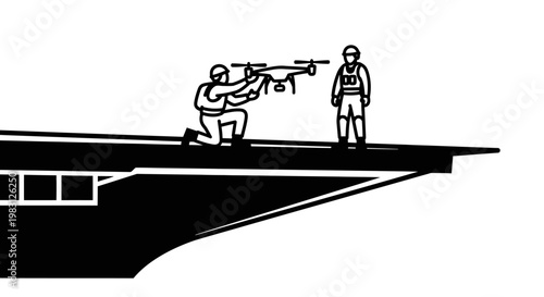 Soldier operating drone on aircraft carrier deck, military technology, surveillance