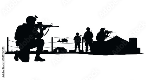 Silhouette soldiers with helicopter and buildings, military operation, tactical team, combat readiness