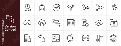 Version Control and DevOps Line Icon Set - Minimalist Software Development and Git Workflow Vector Illustrations