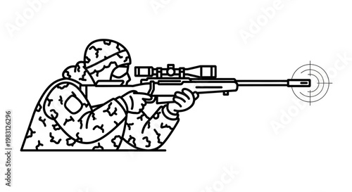 Sniper aiming rifle, military camouflage, tactical operation, precision shot, focus on target