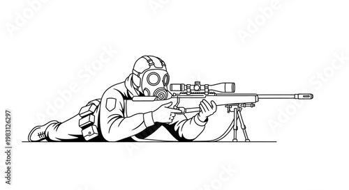 Sniper in Gas Mask Aims Rifle, Military Special Forces, Combat Soldier, Tactical Operation