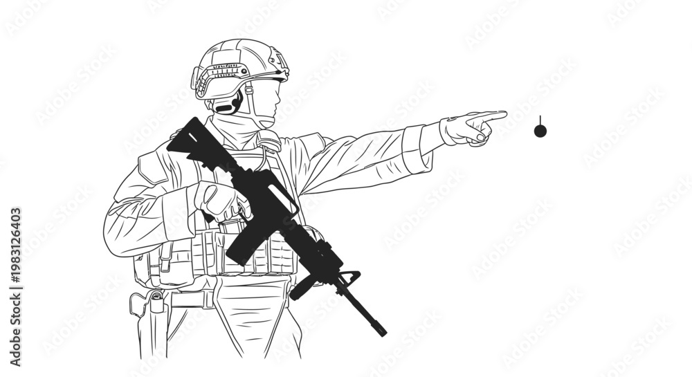 Obraz premium Soldier Aiming Rifle and Pointing Finger, Firing Bullet
