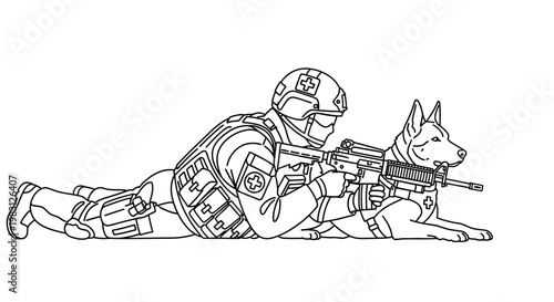 Soldier and Military Dog with Rifle, Tactical Teamwork and Security Concept