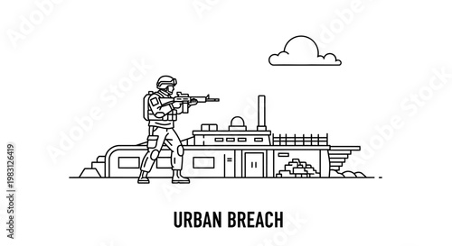 Soldier with rifle breaching building, urban warfare, military operation, tactical assault