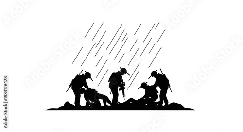 Soldiers Aid Wounded Comrade in Rain Silhouette