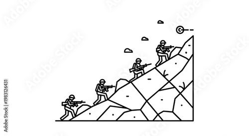 Soldiers climbing mountain to reach target, military strategy, teamwork, uphill battle, success concept