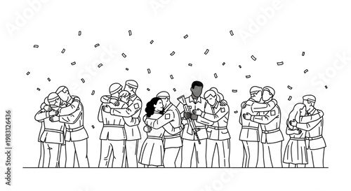 Soldiers hugging loved ones, confetti falling, reunion, welcome home, celebration, joy, happiness