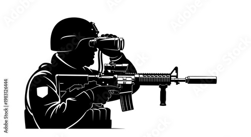 Soldier with rifle and binoculars, tactical surveillance, military operation, black and white