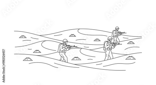 Soldiers in desert landscape with mines, line art illustration
