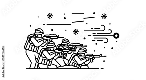 Soldiers in Combat, Firing Rifles, Action Scene, Military Operation, Dynamic Illustration