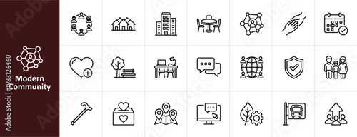 Modern Community and Social Connection Line Icon Set - Minimalist Urban Living and Public Service Vector Illustrations