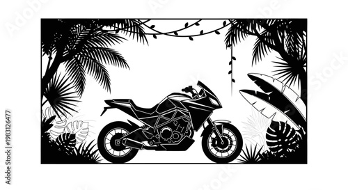 Sport Motorcycle in Tropical Jungle Frame with Lights