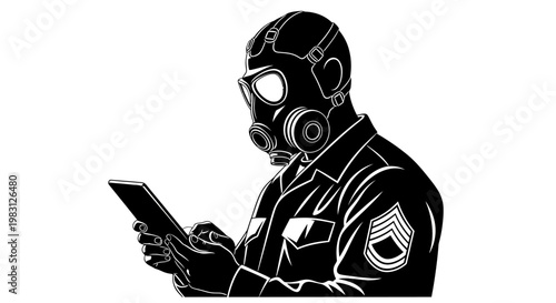 Soldier in gas mask using tablet, digital communication, modern warfare, technology, protection