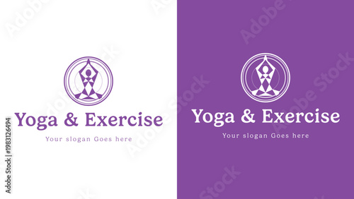 minimalist exercise logo, modern yoga logo design, Yoga and Exercise Logo Design, Zen Lotus Pose Silhouette with Abstract Fitness Elements, Purple Spiritual Wellness and Meditation Icon for Yoga 