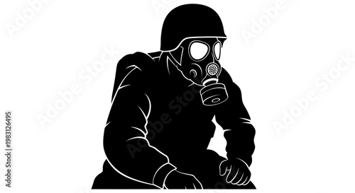 Soldier in gas mask and helmet, silhouette, protection, danger, war, hazard, biohazard, toxic